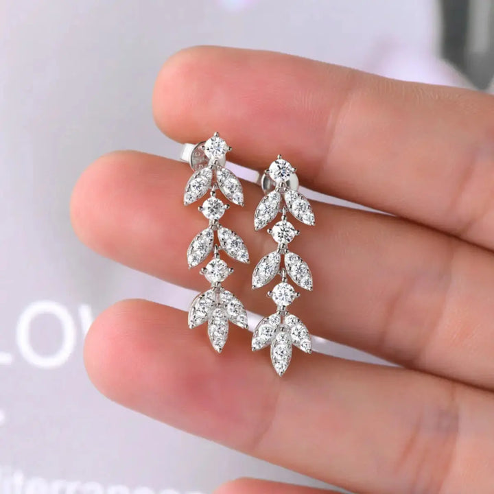 LOVCIA Moissanite Leaf Drop Earrings in Platinum-Plated Sterling Silver for Women