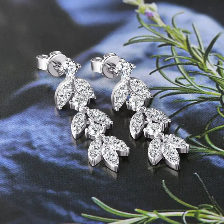 LOVCIA Moissanite Leaf Drop Earrings in Platinum-Plated Sterling Silver for Women