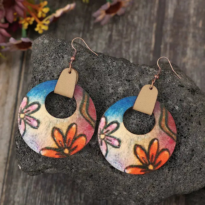 LOVCIA Rustic Wooden Blossom Circle Earrings for Women