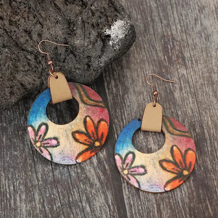 LOVCIA Rustic Wooden Blossom Circle Earrings for Women