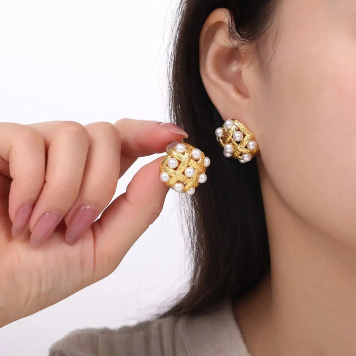 LOVCIA Elegant Shell Pearl and Copper Stud Earrings for Women