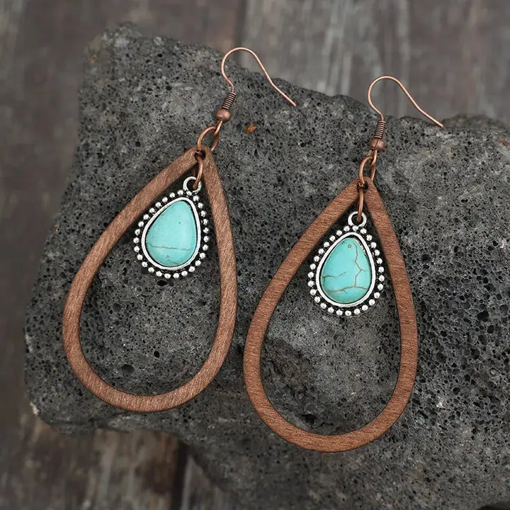 LOVCIA Turquoise & Wood Teardrop Statement Earrings for Women