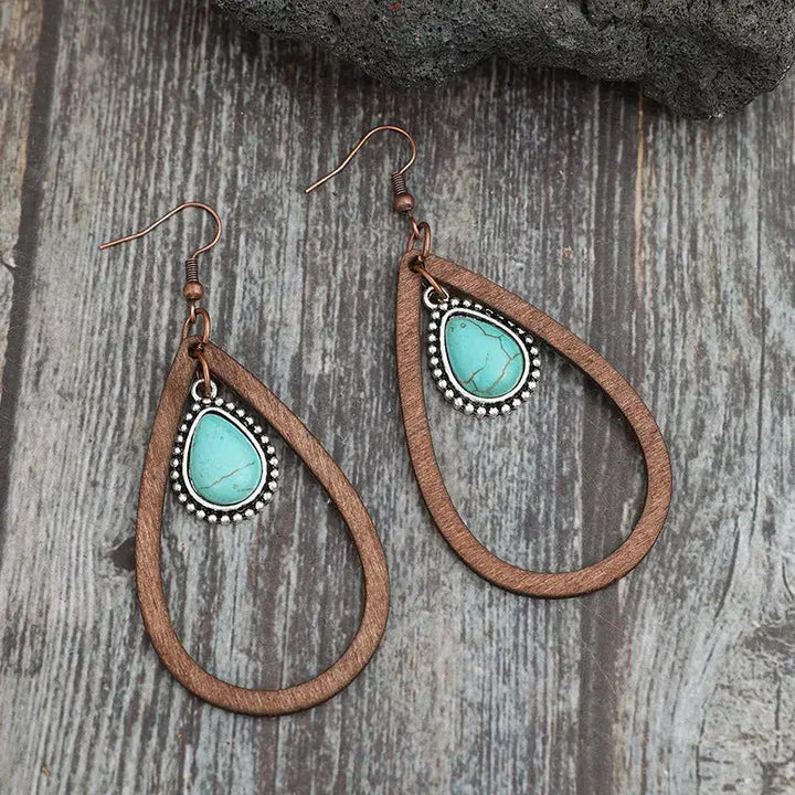 LOVCIA Turquoise & Wood Teardrop Statement Earrings for Women