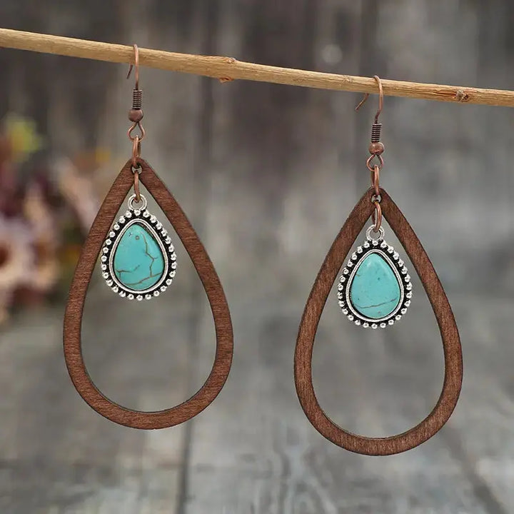 LOVCIA Turquoise & Wood Teardrop Statement Earrings for Women