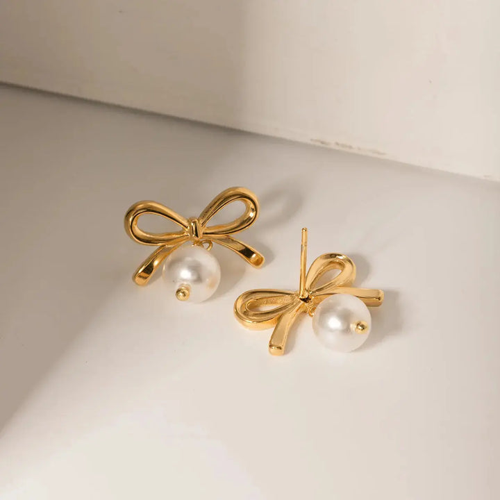 LOVCIA Elegant Bow Pearl & Gold-Plated Stainless Steel Earrings for Women