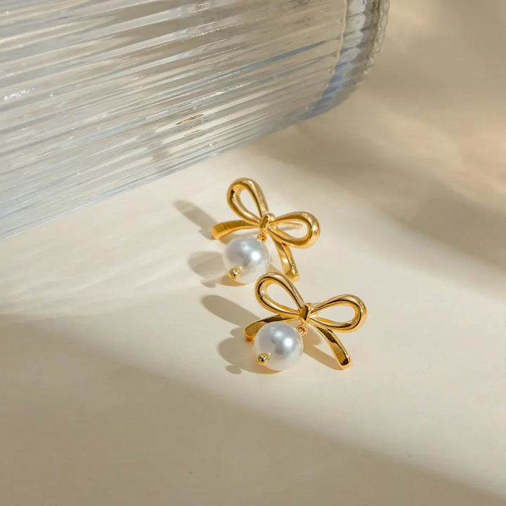 LOVCIA Elegant Bow Pearl & Gold-Plated Stainless Steel Earrings for Women