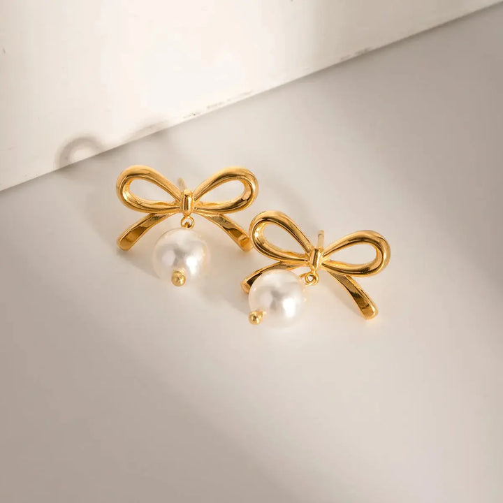 LOVCIA Elegant Bow Pearl & Gold-Plated Stainless Steel Earrings for Women