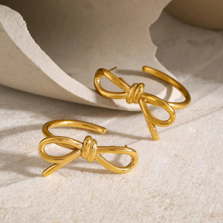 LOVCIA Golden Bow C-Hoop Earrings – 18K Elegance for Women