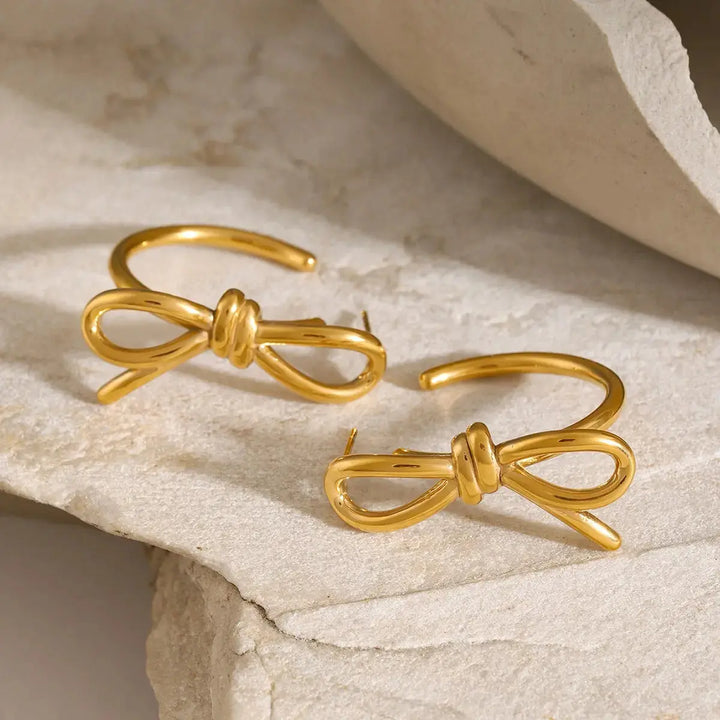 LOVCIA Golden Bow C-Hoop Earrings – 18K Elegance for Women