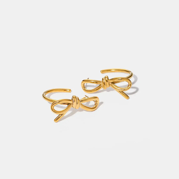 LOVCIA Golden Bow C-Hoop Earrings – 18K Elegance for Women