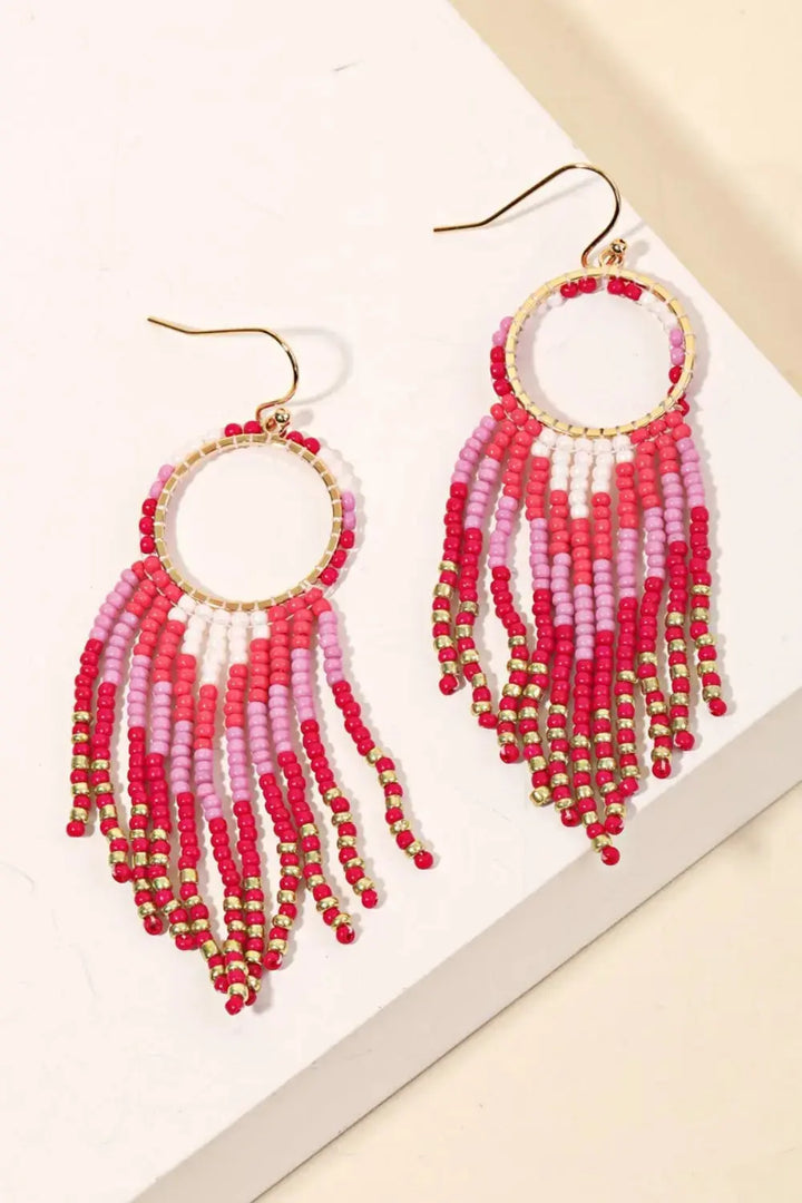 LOVCIA Boho Chic Circle Cutout Beaded Fringe Earrings for Women