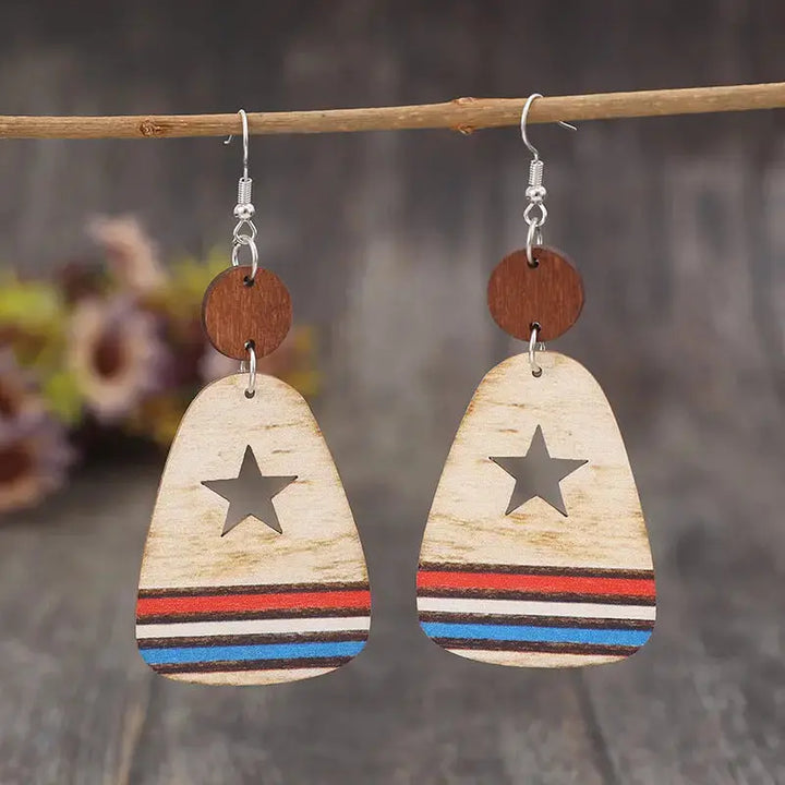 LOVCIA Patriotic Wooden Star & Stripes Dangle Earrings for Women