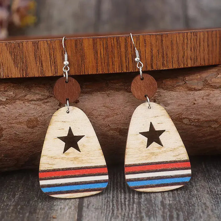 LOVCIA Patriotic Wooden Star & Stripes Dangle Earrings for Women