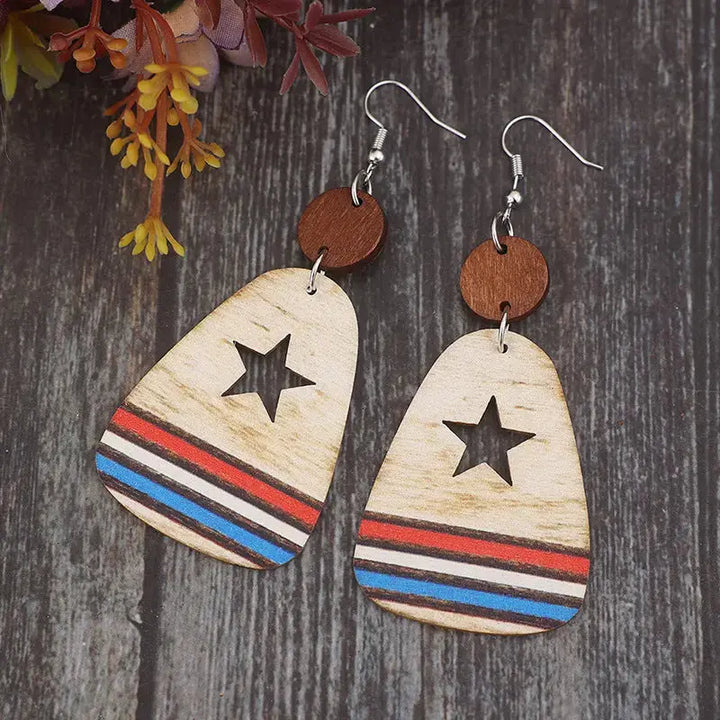 LOVCIA Patriotic Wooden Star & Stripes Dangle Earrings for Women