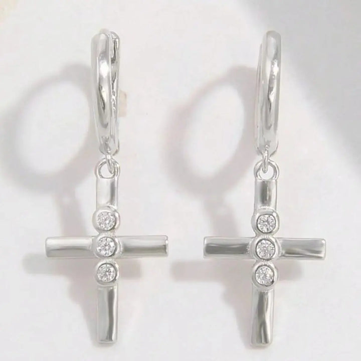 LOVCIA Elegant Platinum-Plated Zircon Cross Earrings - 925 Sterling Silver for Women