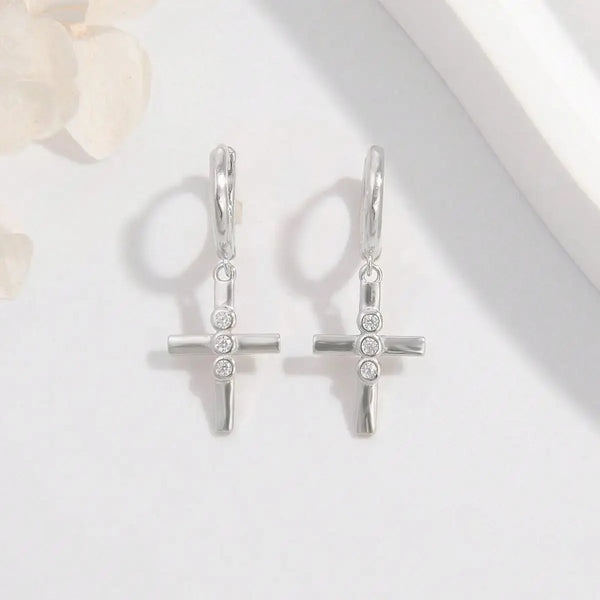 LOVCIA Elegant Platinum-Plated Zircon Cross Earrings - 925 Sterling Silver for Women