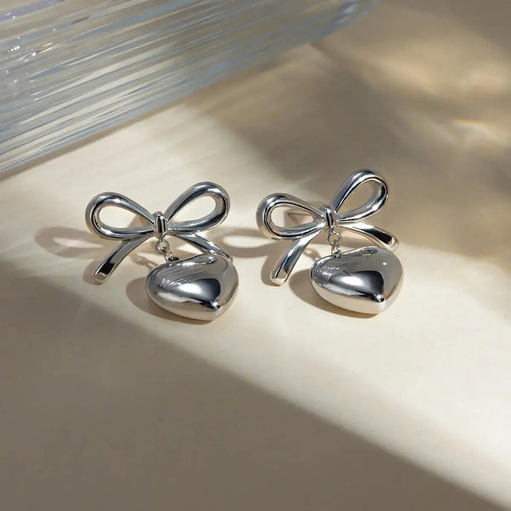 LOVCIA Elegant Heart & Bow Stainless Steel Drop Earrings for Women