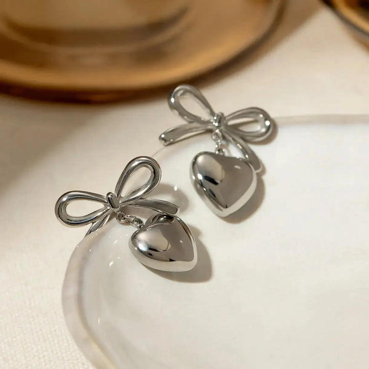 LOVCIA Elegant Heart & Bow Stainless Steel Drop Earrings for Women