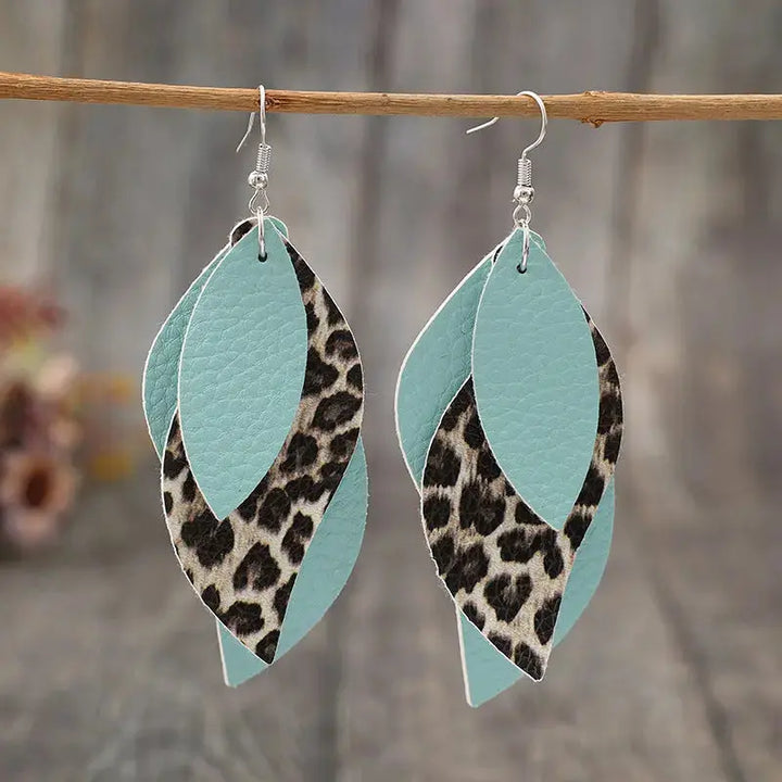 LOVCIA Exotic Leopard Print Faux Leather Leaf Earrings for Women