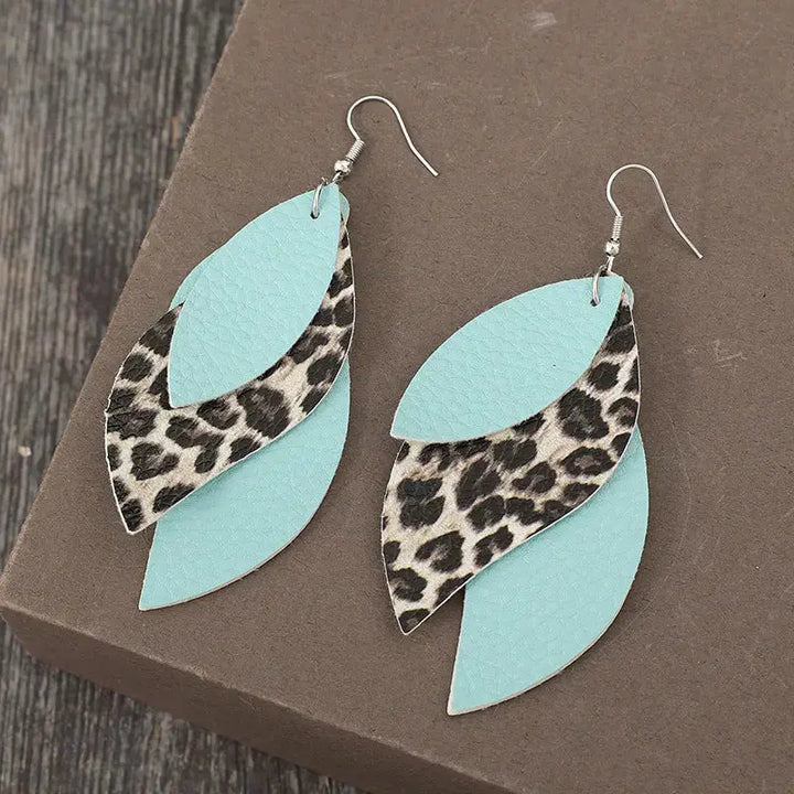 LOVCIA Exotic Leopard Print Faux Leather Leaf Earrings for Women