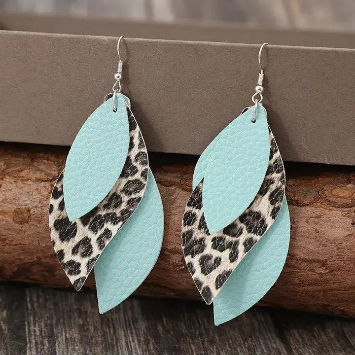 LOVCIA Exotic Leopard Print Faux Leather Leaf Earrings for Women