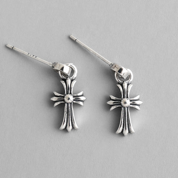 LOVCIA Antique Floral Cross 925 Sterling Silver Drop Earrings for Women