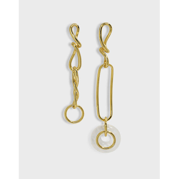 LOVCIA Natural Crystal Dangling Earrings for Women with Asymmetrical Hollow Twisted Chain in 925 Sterling Silver