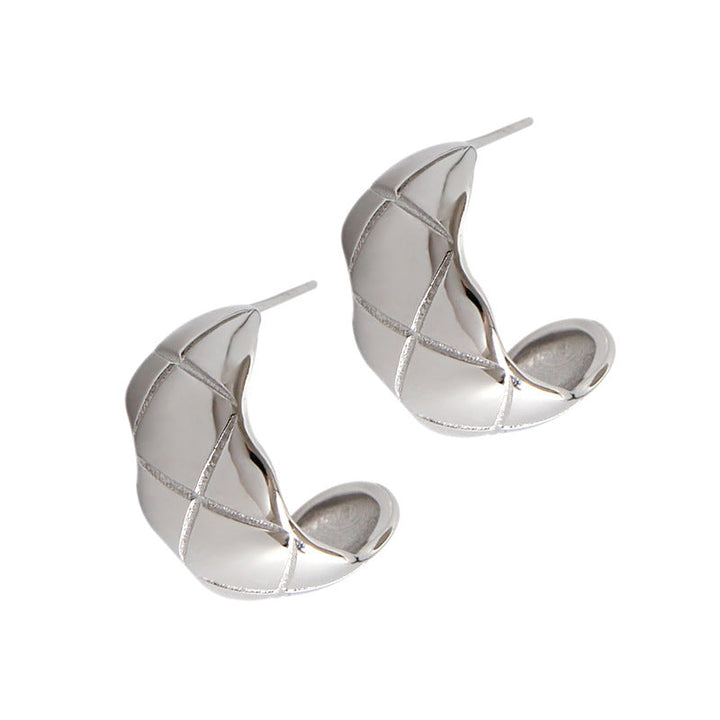 LOVCIA Elegant Check Pattern C-Shaped 925 Sterling Silver Stud Earrings for Women