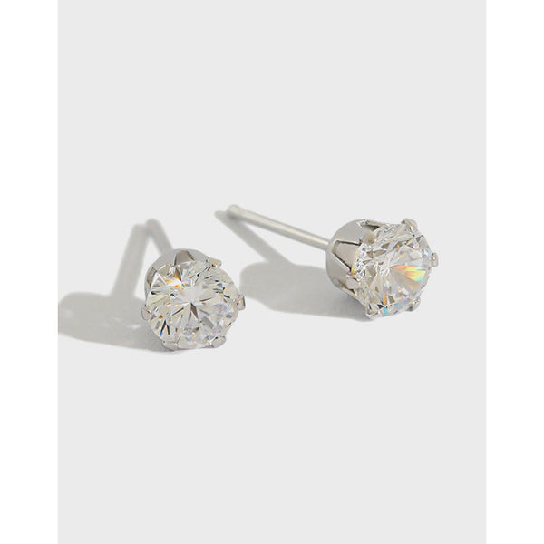 LOVCIA Sterling Silver Round Cubic Zirconia Stud Earrings for Students