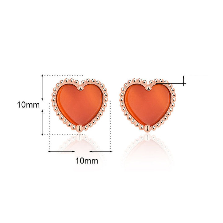 LOVCIA Natural Red Agate Heart Stud Earrings for Women in Rose Gold-Plated 925 Sterling Silver