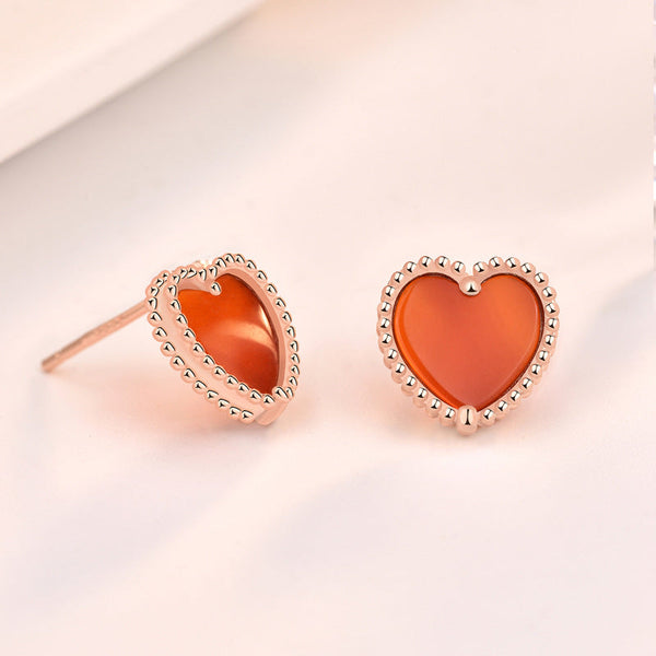 LOVCIA Natural Red Agate Heart Stud Earrings for Women in Rose Gold-Plated 925 Sterling Silver