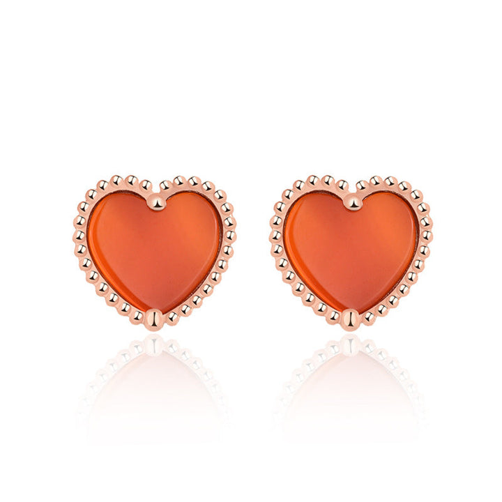 LOVCIA Natural Red Agate Heart Stud Earrings for Women in Rose Gold-Plated 925 Sterling Silver