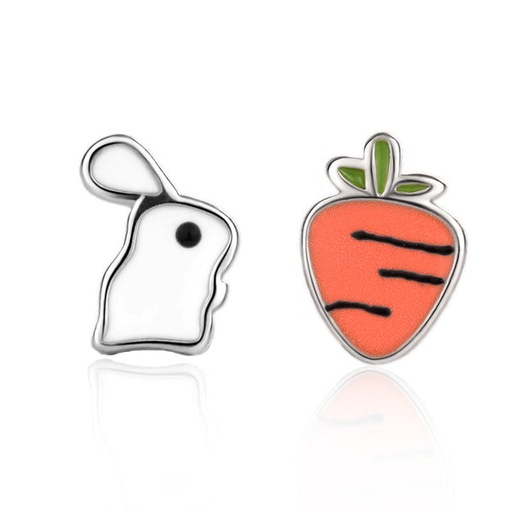 LOVCIA Adorable Asymmetric Rabbit and Carrot 925 Sterling Silver Stud Earrings for Women