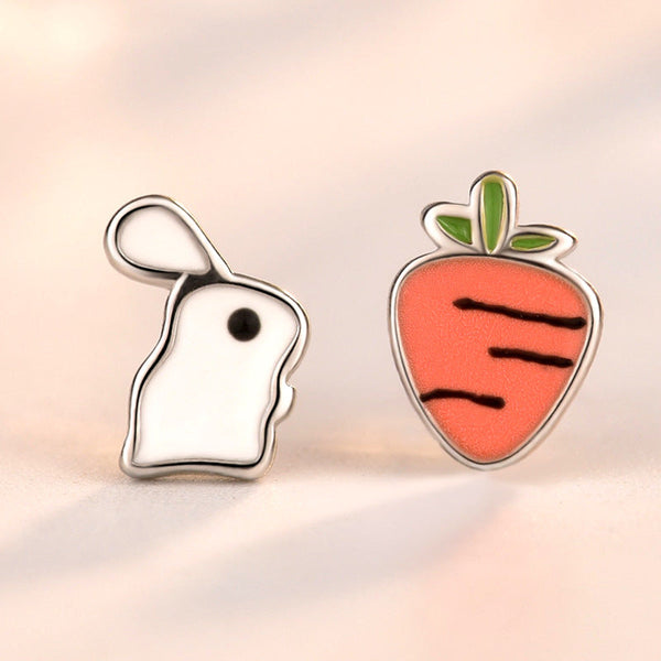 LOVCIA Adorable Asymmetric Rabbit and Carrot 925 Sterling Silver Stud Earrings for Women