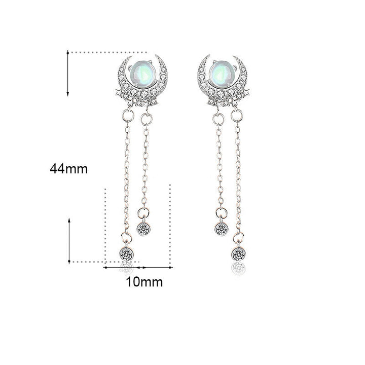 LOVCIA Moonstone & CZ Crescent Moon Star Sterling Silver Dangle Earrings for Women