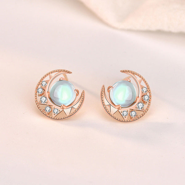 LOVCIA Moonstone and Star CZ Crescent Moon Sterling Silver Earrings for Women