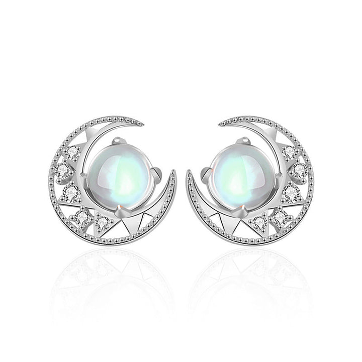 LOVCIA Moonstone and Star CZ Crescent Moon Sterling Silver Earrings for Women - LOVCIA