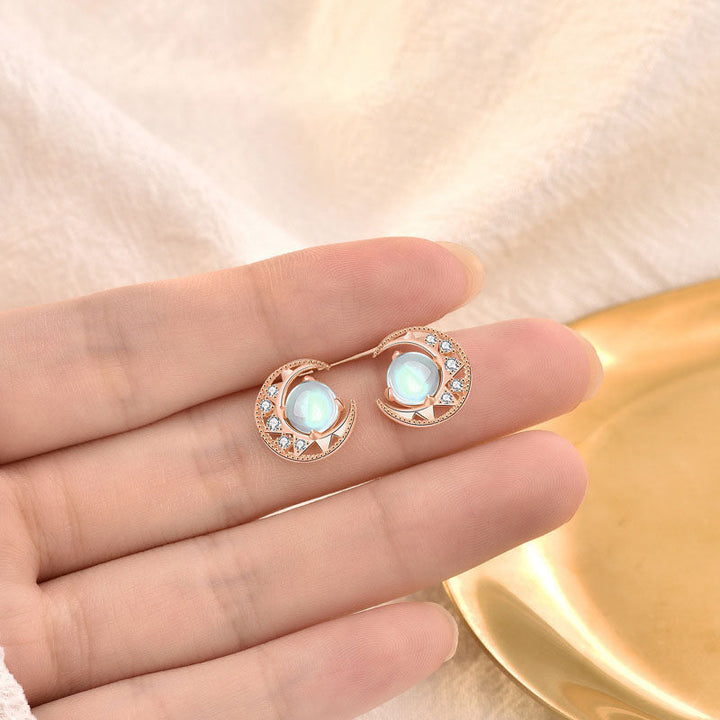 LOVCIA Moonstone and Star CZ Crescent Moon Sterling Silver Earrings for Women