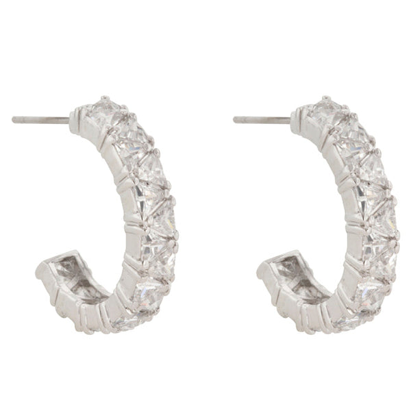 LOVCIA Elegant Trillion Cut CZ Rhodium-Plated Hoop Earrings