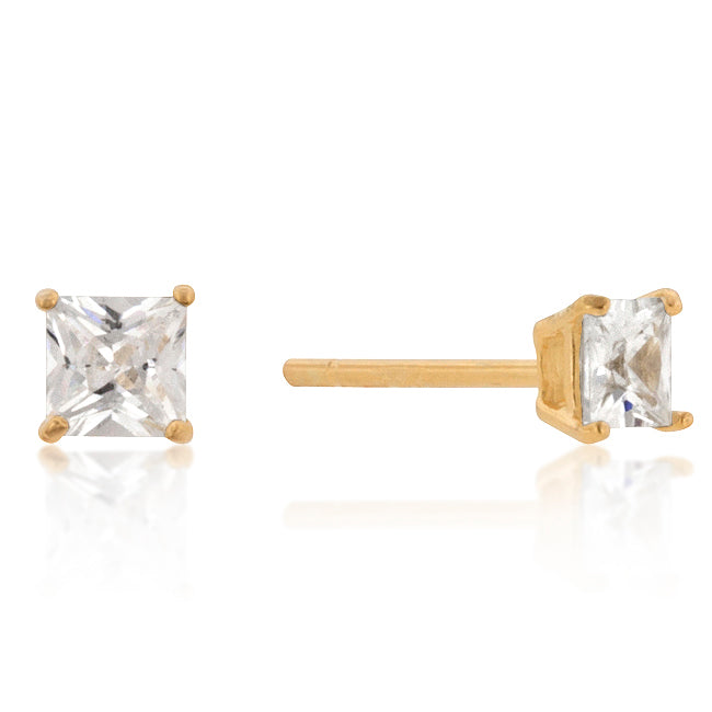 LOVCIA 18k Gold-Plated Princess Cut CZ Stud Earrings - 4mm