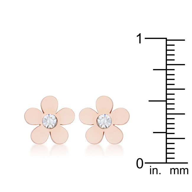 LOVCIA Rose Gold Stainless Steel Flower Studs with 0.3ct CZ Stone