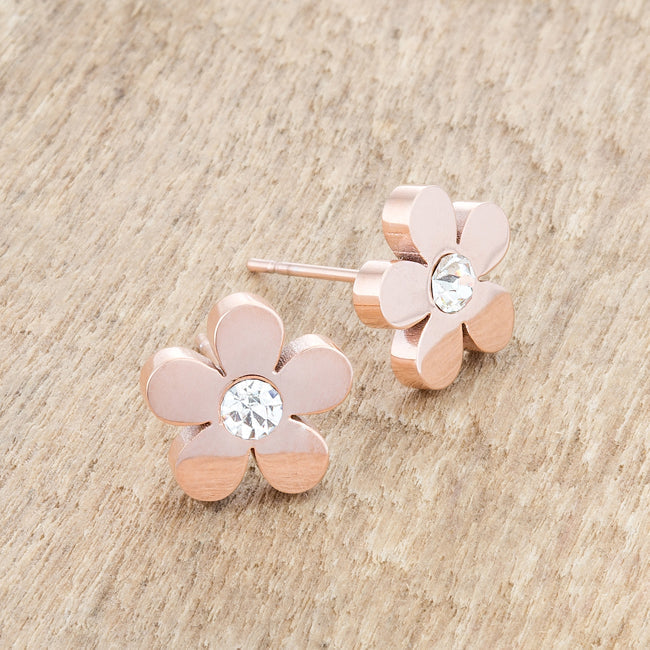 LOVCIA Rose Gold Stainless Steel Flower Studs with 0.3ct CZ Stone