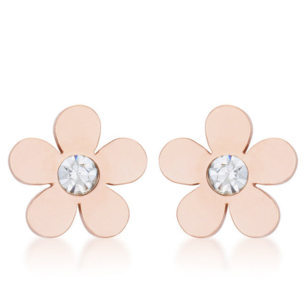 LOVCIA Rose Gold Stainless Steel Flower Studs with 0.3ct CZ Stone