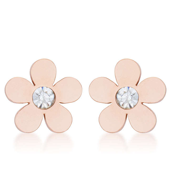 LOVCIA Rose Gold Stainless Steel Flower Studs with 0.3ct CZ Stone