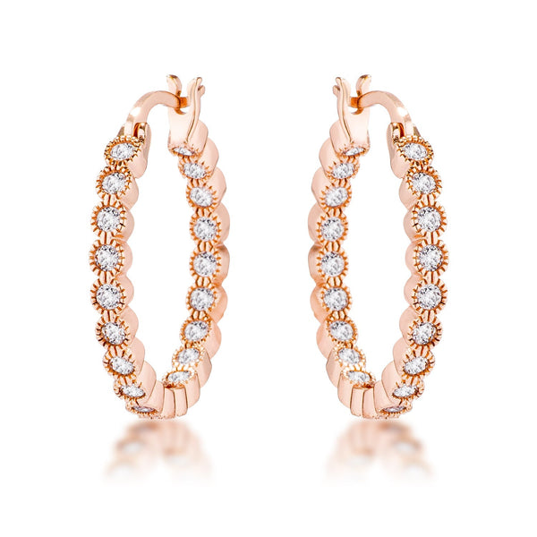 LOVCIA Elegant Rose Gold Plated Hoop Earrings with Dotted Clear CZ Round Bezel