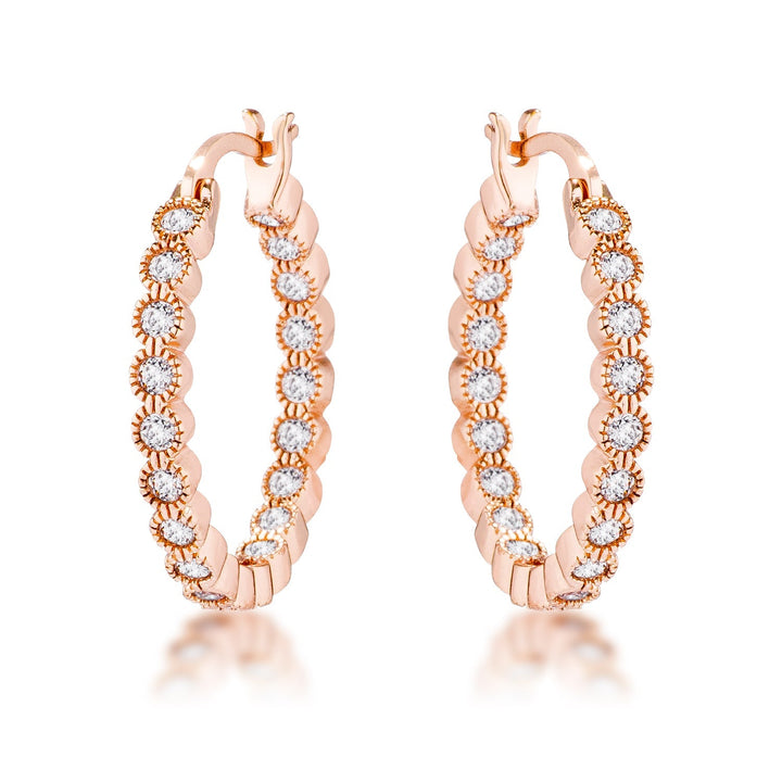 LOVCIA Elegant Rose Gold Plated Hoop Earrings with Dotted Clear CZ Round Bezel