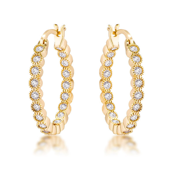 LOVCIA Goldtone Mid-Sized Hoop Earrings with Clear CZ Dotted Bezel