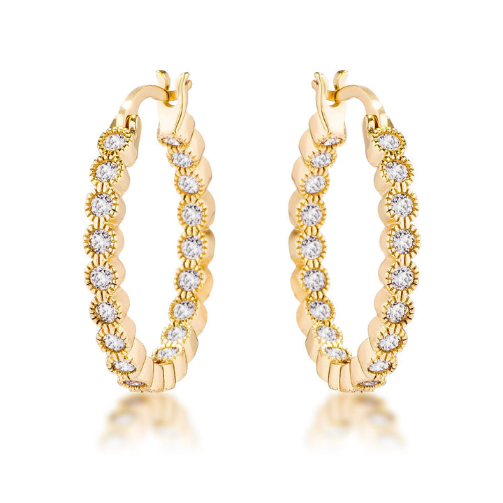 LOVCIA Goldtone Mid-Sized Hoop Earrings with Clear CZ Dotted Bezel