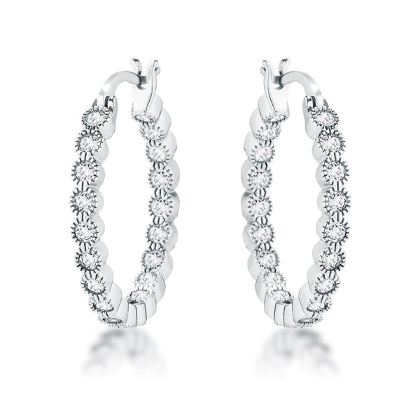 LOVCIA Elegant Rhodium-Plated Hoop Earrings with Dotted Clear CZ Bezels