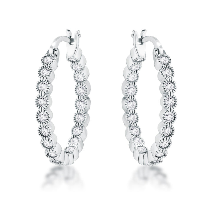 LOVCIA Elegant Rhodium-Plated Hoop Earrings with Dotted Clear CZ Bezels